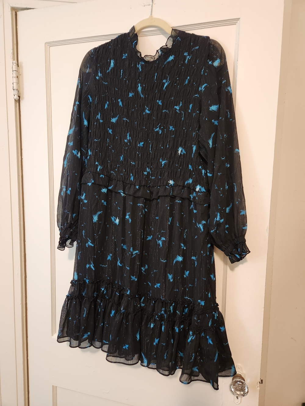 Ryegrass XL Black Teal Metallic Smocked Chiffon Ruffle Mini Dress